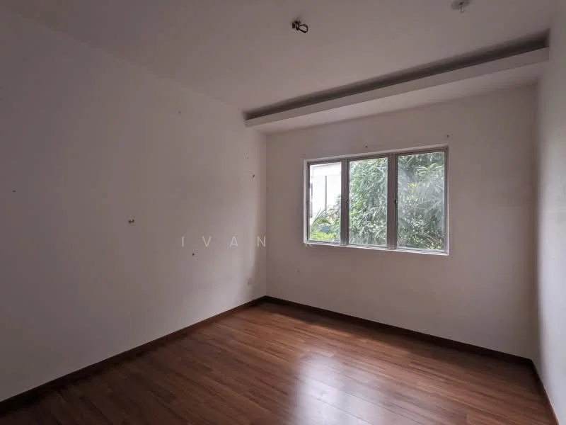 Room features: white painted walls, wooden flooring, floor-to-ceiling window, natural light from window, view of greenery outside; view: garden.