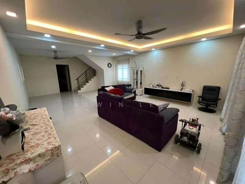 Living features: purple fabric sofa, 3-seater sofa, white coffee table, recessed LED downlights, ceiling fan, white walls, glossy tile flooring, decorative wall clock, TV console, window with sheer curtains; style: modern. Room features: staircase in background, wall-mounted shelf, decorative items on shelf.