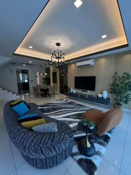 Living features: curved 3-seater fabric sofa in navy and white stripes, accent chair in orange, colorful throw pillows, area rug with geometric pattern, flat-screen TV mounted on wall, wood panel feature wall, recessed ceiling with LED lighting, chandelier light fixture, wall-mounted air conditioning unit, potted plant, coffee table with black base, white tiled flooring; style: modern.