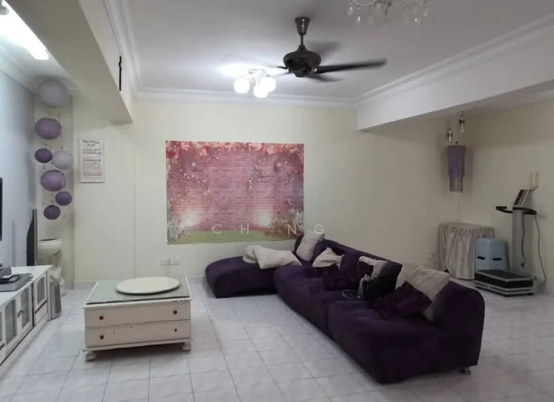 Living features: purple L-shape sectional sofa, white coffee table, wall-mounted TV, decorative wall with floral pattern, ceiling fan, chandelier, white tiled flooring, decorative wall art, exercise equipment in corner, light purple wall decor, crown moulding; style: contemporary.