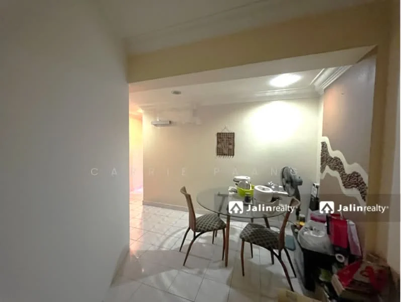 Dining features: round dining table, 4 dining chairs, white tiled flooring, cream painted walls, ceiling-mounted air conditioning unit, wall-mounted decorative piece, light fixture, open layout to adjacent room; style: modern. Room features: white walls, light source from adjacent room.
