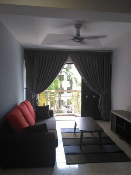 Living features: 3-seater fabric sofa in red and grey, coffee table, area rug with geometric pattern, floor-to-ceiling windows, sliding glass door, sheer curtains, dark grey curtains, ceiling fan; style: modern; view: garden.