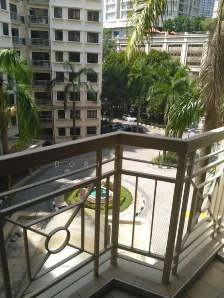 Room features: balcony with railing, paved flooring, view of landscaped garden, view of palm trees, view of surrounding buildings, outdoor space, sunlight exposure; view: garden.