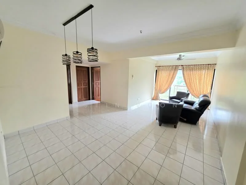 Living features: cream painted walls, white ceiling, tile flooring, 5-blade ceiling fan, 2-seater leather sofa in black, coffee table, floor-to-ceiling windows, curtains in beige, decorative light fixtures, balcony access, open layout to dining area; style: modern; view: garden.