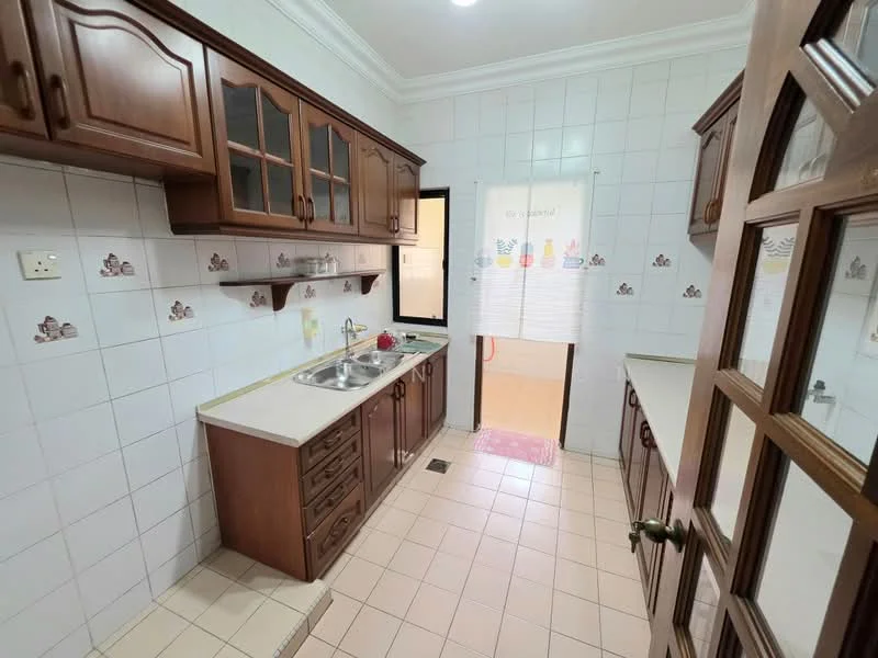 Kitchen features: brown wooden cabinetry, white tiled backsplash, single-bowl stainless-steel sink, chrome faucet, countertop with beige surface, built-in oven, ceramic tile flooring, wall-mounted cabinets with glass fronts, window with sheer curtain, light fixture in ceiling; style: traditional.
