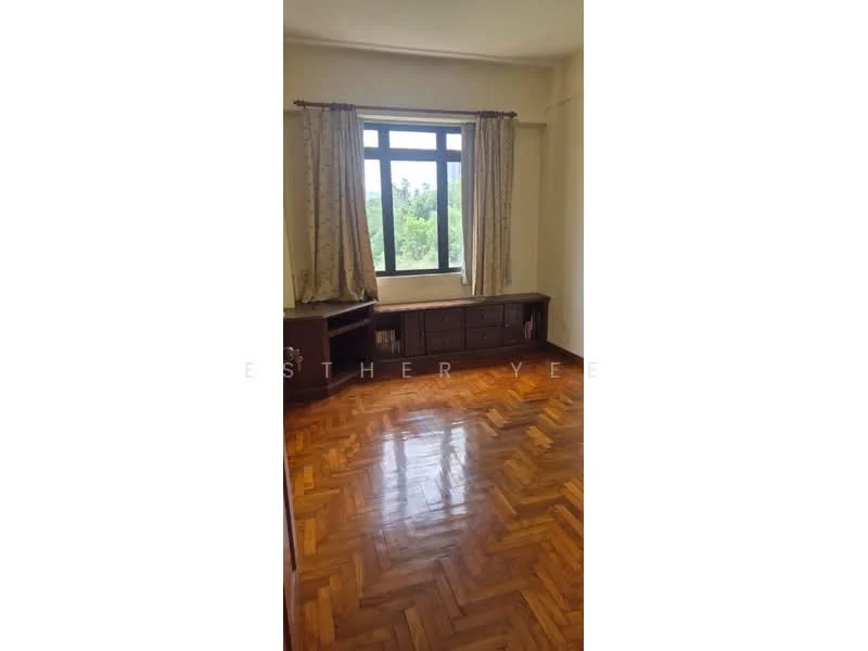 Room features: parquet wood flooring, cream painted walls, large window with view, curtains, built-in wooden cabinet, natural light; view: garden.