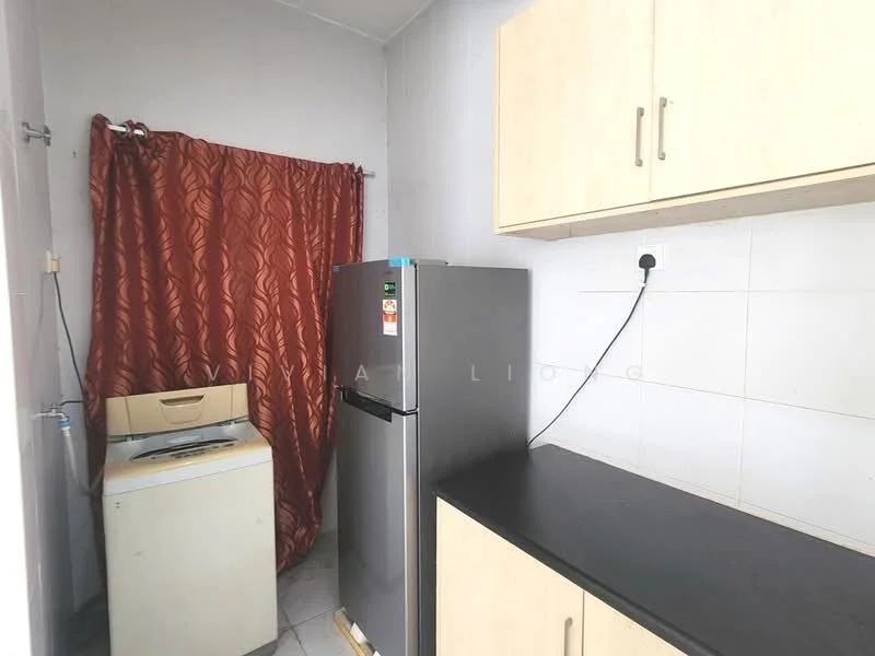 Kitchen features: grey stainless-steel fridge, white washing machine, black countertop, light wood cabinetry, white tiled walls, grey tiled flooring, red patterned curtain, single-basin sink; style: modern.