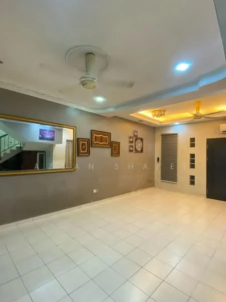 Living features: white tiled flooring, grey painted walls, ceiling fan, recessed downlights, chandelier, large wall mirror, decorative wall art, sliding door, window with blinds; style: modern.