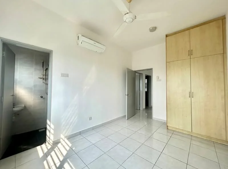 Room features: white painted walls, tile flooring, 5-blade ceiling fan, wall-mounted split AC, built-in wardrobe with wooden finish, door leading to bathroom, door leading to hallway, natural light from window; style: modern.