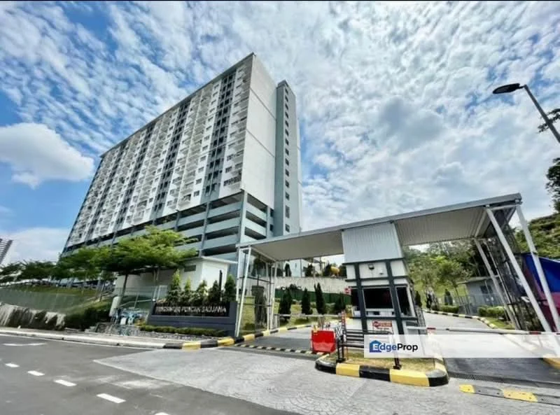 Exterior type: high-rise condominium; features: white painted facade, glass curtain wall, approximately 10-storey high-rise, manicured lawn, mature trees, guard house at entrance, gated entry, driveway with interlocking pavers, feature water wall at entrance; style: modern.
