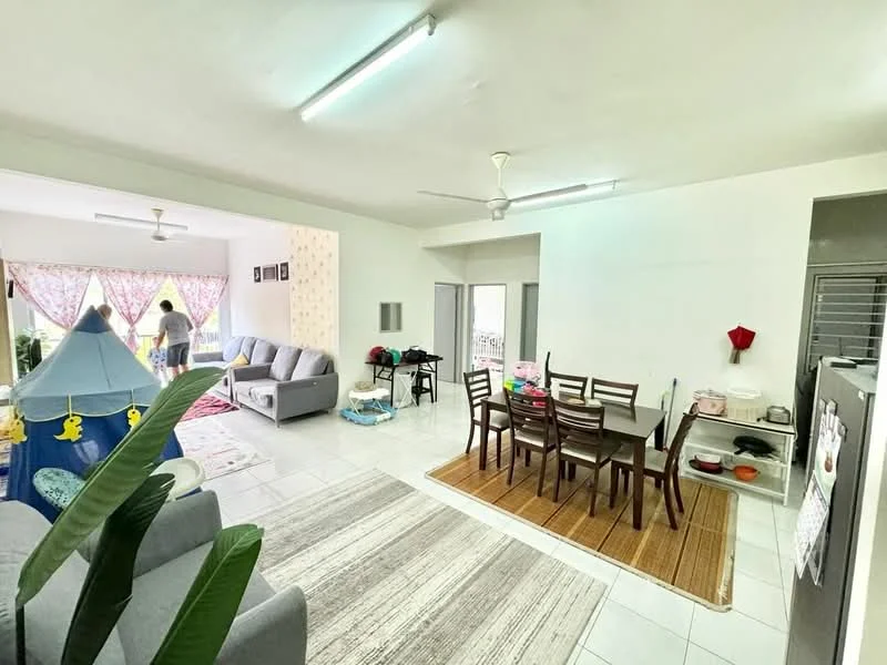 Living features: grey fabric sofa, area rug with geometric pattern, 5-blade ceiling fan with light, floor-to-ceiling windows with sheer curtains, wall-mounted TV, coffee table, decorative plants, light-colored walls, white tiled flooring; style: modern; view: garden. Dining features: 6-seater dining table, wooden dining chairs, woven area rug, light-colored walls, white tiled flooring; style: modern.