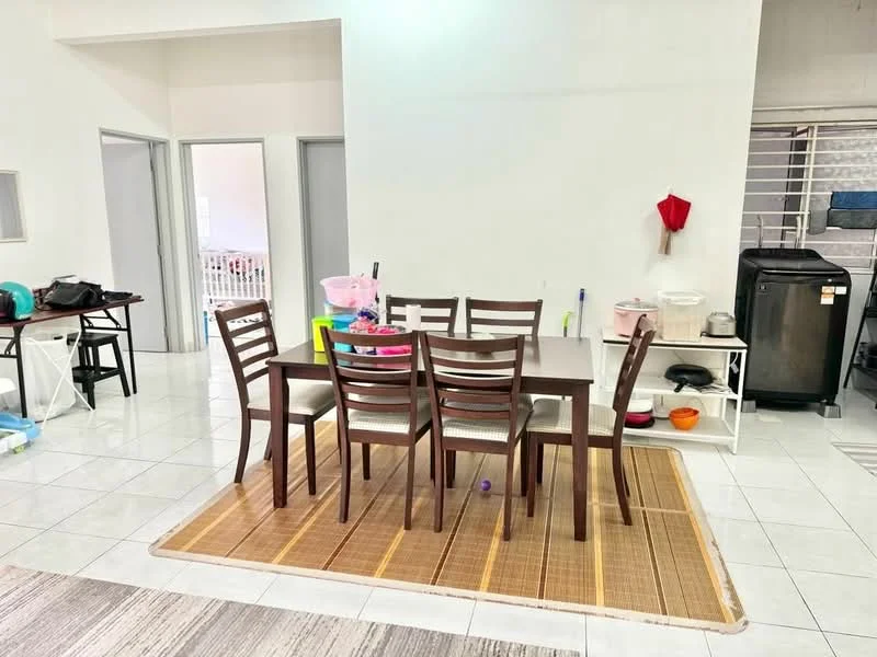 Dining features: 6-seater dining table, wooden dining chairs, woven area rug, white tiled flooring, light grey painted walls, open layout to adjacent rooms, decorative wall shelf, refrigerator, various kitchen utensils, plastic storage containers; style: modern. Room features: white walls, doorway to adjacent rooms, open space layout.