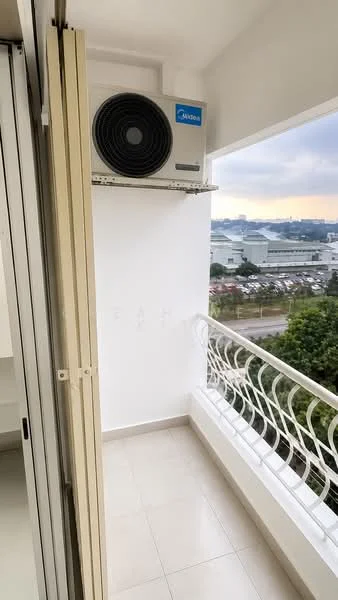 Room features: balcony, white walls, sliding glass door, floor-to-ceiling windows, white tiled flooring, wall-mounted split AC, metal railing, city view; style: modern; view: city.