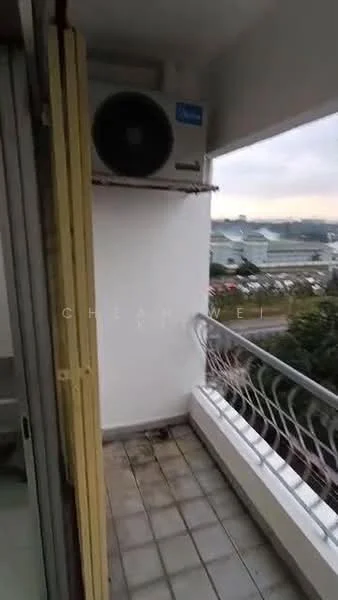 Room features: balcony, floor tiles, metal railing, wall-mounted air conditioning unit, city view, sliding glass door; view: city.