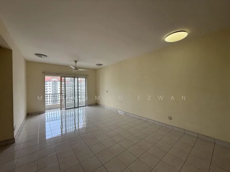 Living features: white painted walls, glossy ceramic tile flooring, recessed downlights, 5-blade ceiling fan, sliding glass door, floor-to-ceiling windows, balcony access, neutral color scheme; view: city.