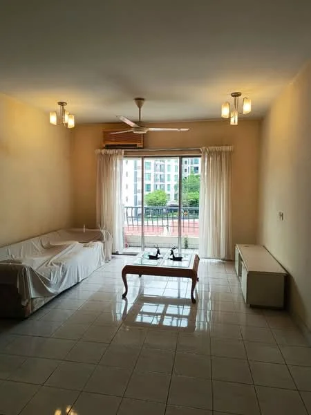 Living features: white painted walls, glossy tile flooring, 5-blade ceiling fan with light, sofa covered with white fabric, wooden coffee table, TV console, floor-to-ceiling sliding glass door, sheer curtains, balcony view; style: modern; view: garden.