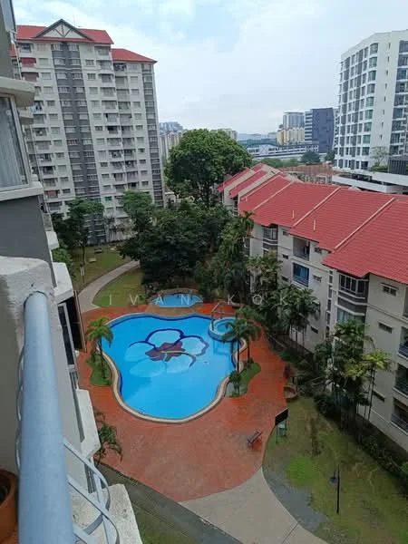 Exterior type: high-rise condominium; features: swimming pool with decorative shape, pool deck with surrounding landscaping, manicured lawn, mature trees, red tiled roofs, multi-storey building, urban skyline in background; style: modern.