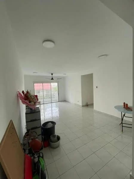 Living features: white painted walls, white ceiling, recessed downlights, 5-blade ceiling fan, tiled flooring, sliding glass door, floor-to-ceiling windows, dining table, decorative items on table, trash bin, storage containers, open layout; style: modern; view: garden.