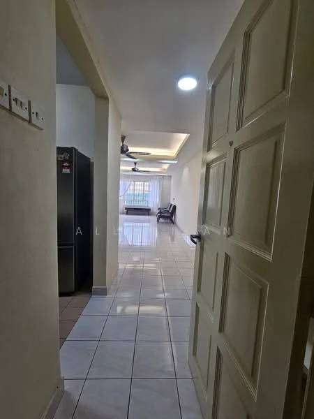 Room features: white painted walls, glossy tile flooring, recessed downlights, ceiling fan, door with panel design, fridge, window with sheer curtains, open layout, living area visible in the background, seating area with chairs; style: modern.
