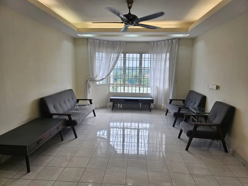 Living features: white painted walls, glossy ceramic tile flooring, tray ceiling with recessed lighting, 5-blade ceiling fan, large window with city view, sheer curtains, 2 grey fabric sofas, 2 black armchairs, coffee table, TV console, area rug; style: modern; view: city.