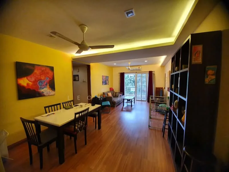 Living features: yellow painted walls, laminate wood flooring, recessed downlights, 5-blade ceiling fan, sofa, coffee table, dining table with chairs, bookshelf, artwork on wall, sliding glass door, curtains, balcony view; style: contemporary; view: garden.