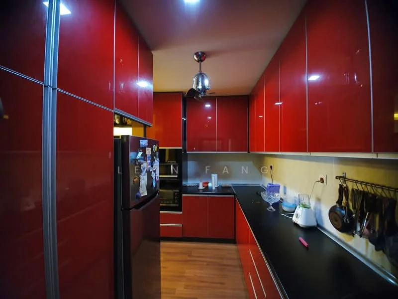 Kitchen features: red high-gloss cabinetry, black countertop, built-in oven, stainless-steel fridge, pendant light fixture, wood laminate flooring, wall-mounted utensil rack, kitchen appliances, refrigerator with freezer compartment, multiple overhead cabinets, open shelving, LED recessed lighting; style: modern.