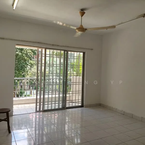 Living features: white painted walls, ceramic tile flooring, 5-blade ceiling fan, sliding glass door, floor-to-ceiling windows, balcony view, natural light, neutral color scheme; style: modern; view: garden.