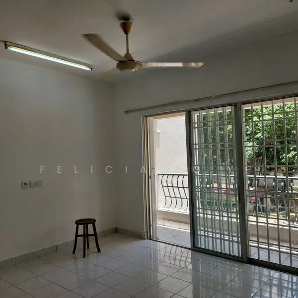 Room features: white painted walls, ceiling fan, sliding glass door, floor-to-ceiling windows, tiled flooring, stool, balcony view, natural light; view: garden.