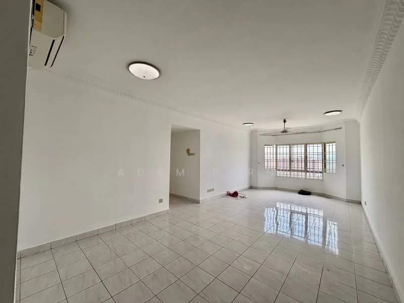 Living features: white painted walls, glossy ceramic tile flooring, recessed downlights, 5-blade ceiling fan, floor-to-ceiling windows, window treatments, air conditioning unit, decorative ceiling with crown moulding; style: modern.