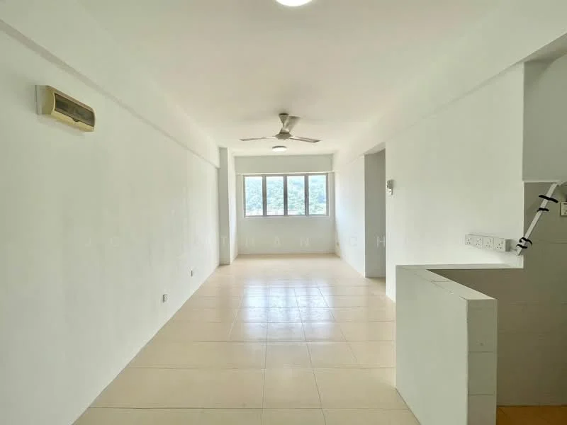Room features: white painted walls, tile flooring, ceiling fan, floor-to-ceiling windows, natural light, air conditioning unit, open layout, neutral color scheme; style: modern; view: garden.
