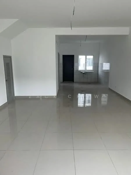 Room features: white painted walls, glossy ceramic tile flooring, recessed downlights, single window, doorway leading to another room, open layout, neutral color scheme; style: modern.