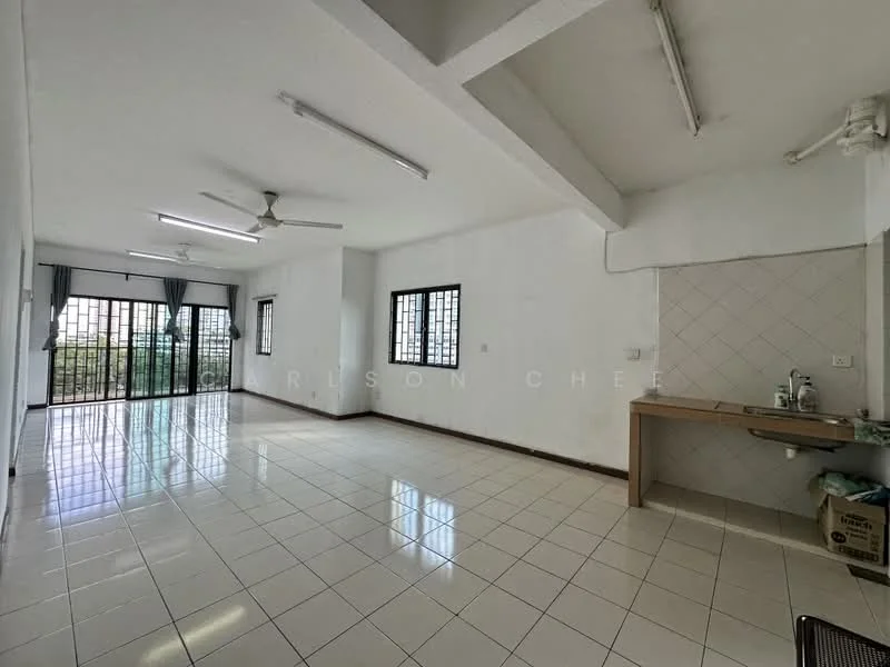 Living features: white painted walls, tile flooring, exposed ceiling beams, 5-blade ceiling fan, floor-to-ceiling windows, sliding glass door, window treatments with sheer curtains, kitchenette with countertop, sink, wall-mounted electrical outlets; style: minimalist; view: city.