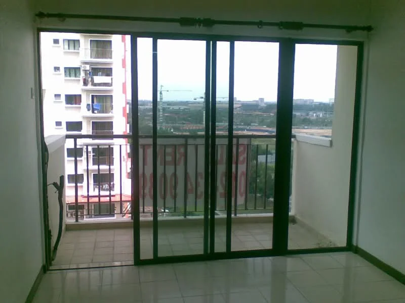 Room features: sliding glass door, floor-to-ceiling windows, tile flooring, white painted walls, balcony view, city skyline view, railings, signage visible; view: city.
