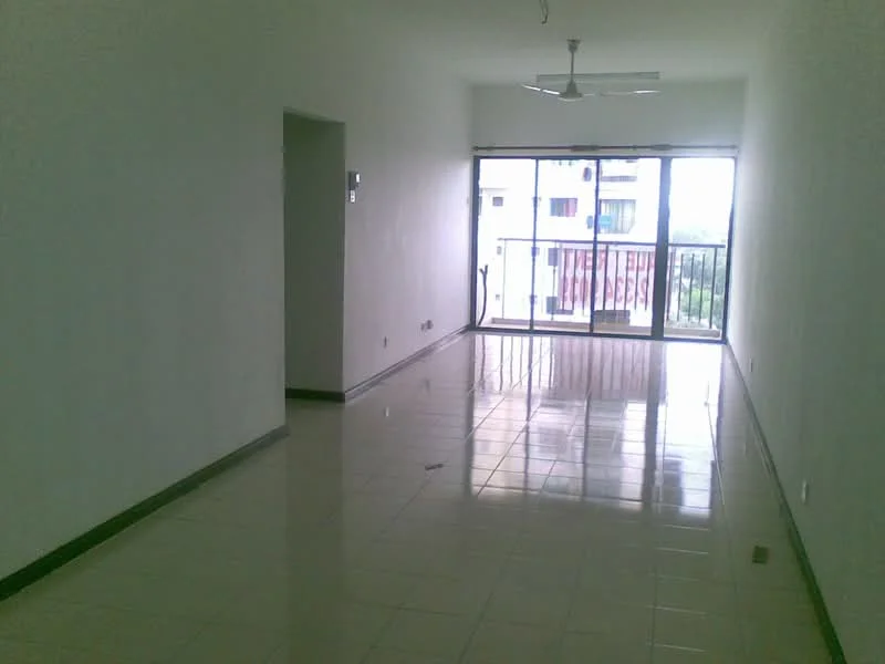 Living features: white painted walls, glossy ceramic tile flooring, 5-blade ceiling fan, floor-to-ceiling sliding glass door, balcony access, natural light from large window, neutral color scheme, minimalist decor; style: modern; view: city.