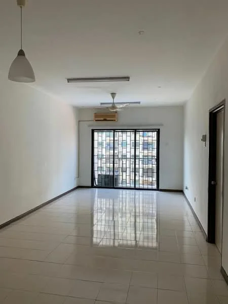 Living features: white painted walls, glossy ceramic tile flooring, 5-blade ceiling fan, wall-mounted split AC, large sliding glass door, black metal window grilles, recessed ceiling lights, neutral color scheme; style: modern; view: city.