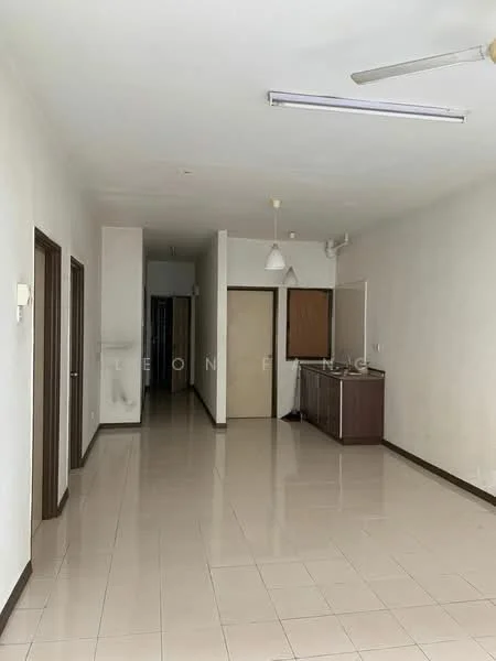 Room features: white painted walls, glossy tile flooring, ceiling lights, single pendant light, wooden doors, built-in cabinets, open layout, neutral color scheme; style: modern.