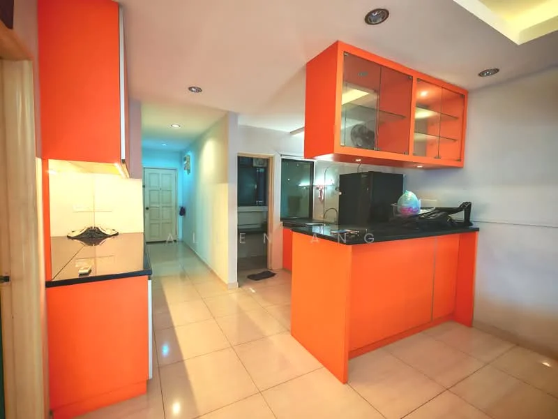 Kitchen features: orange cabinetry, black countertop, glass-front upper cabinets, built-in sink, tile backsplash, ceramic tile flooring, recessed downlights, open layout, appliance space, wall-mounted cabinets; style: modern. Room features: white walls, neutral lighting, open corridor, doorway to another room.