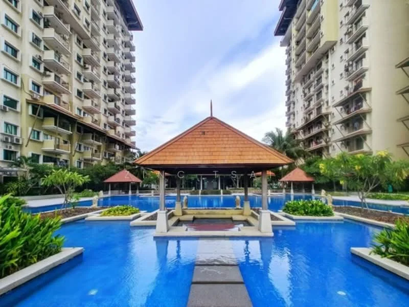Exterior type: mid-rise condominium; features: swimming pool, pool deck with loungers, landscaped garden, pavilion with pitched roof, surrounding greenery, two mid-rise buildings, water features, pathway leading to pavilion; style: modern.