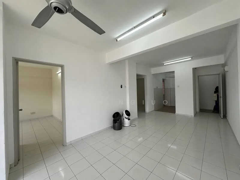Room features: white painted walls, white ceiling, tile flooring, 2 doors leading to other rooms, 2 ceiling lights, 1 ceiling fan, open layout, waste bins; style: minimalist.
