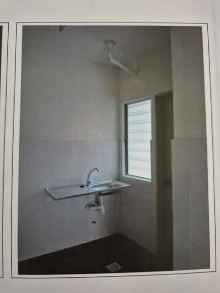 Laundry features: single-bowl stainless-steel sink, chrome pull-down faucet, white walls, tile flooring, window with horizontal slats, ceiling-mounted pipe, countertop, drainage outlet.