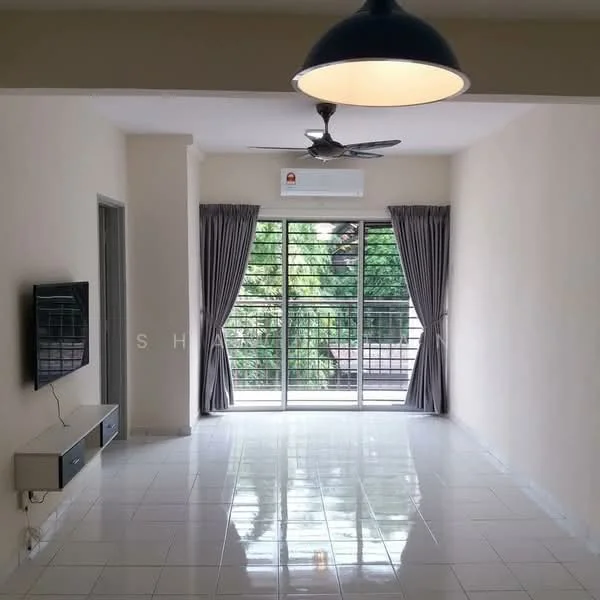 Living features: white painted walls, glossy tile flooring, 5-blade ceiling fan with light, floor-to-ceiling sliding glass door, grey curtains, wall-mounted TV, TV console, air conditioning unit; style: modern; view: garden.