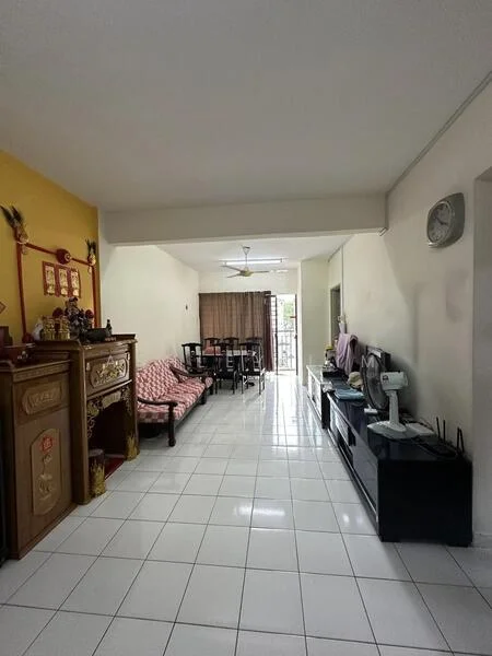 Living features: white painted walls, glossy white tile flooring, 5-blade ceiling fan, sofa with red and white patterned upholstery, wooden console cabinet, TV unit, dining table with black chairs, curtains, wall clock; style: modern.