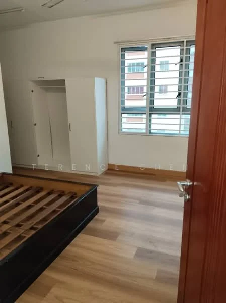 Bedroom features: wooden flooring, white painted walls, floor-to-ceiling windows, built-in wardrobe, sliding door, window treatments, bed frame without mattress, ceiling lights; style: modern.