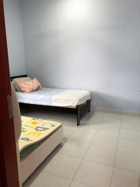 Bedroom features: single bed with blue bedding, white mattress, light blue painted walls, white tiled flooring, decorative pillow with animal design, small bedside table, window with natural light, blanket with colorful pattern.