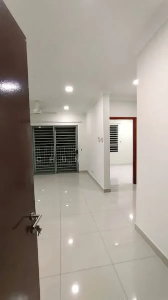 Room features: white painted walls, glossy ceramic tile flooring, recessed downlights, sliding glass door, window with horizontal blinds, ceiling fan, open layout, neutral color scheme; style: modern.
