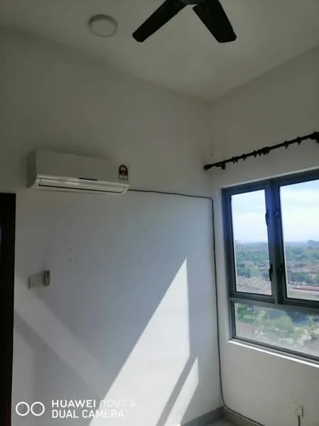 Room features: white painted walls, grey flooring, 1 wall-mounted split AC, ceiling fan, floor-to-ceiling window, curtain rod, city view; view: city.