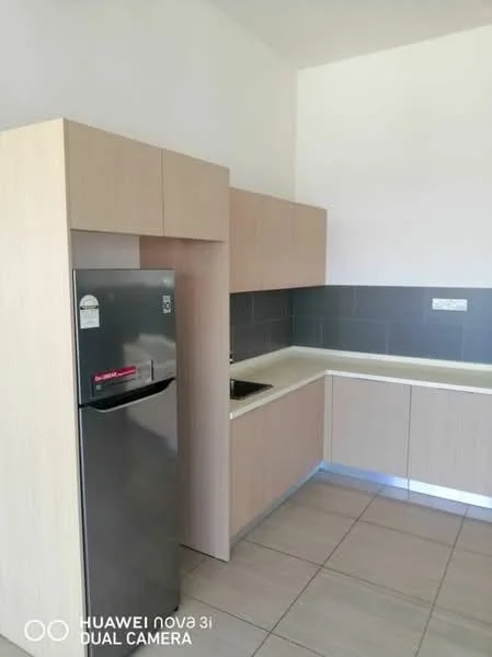 Kitchen features: stainless-steel fridge, laminate cabinetry in light wood finish, white countertop, grey tile backsplash, single-bowl stainless-steel sink, chrome pull-down faucet, ceramic tile flooring, wall-mounted cabinets, under-cabinet lighting; style: modern.
