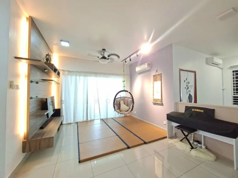 Living features: hanging rattan chair, wooden wall-mounted TV console, white sheer curtains, ceiling fan with light, recessed lighting, tatami mat flooring, wall-mounted artwork, air conditioning unit, decorative wall paneling, neutral wall color, open layout, built-in shelving; style: modern.