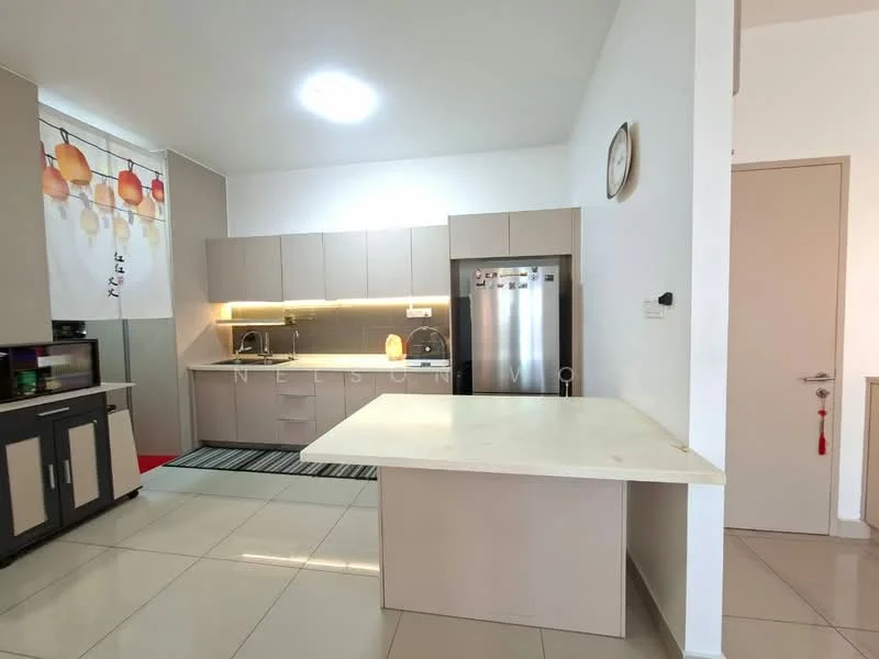 Kitchen features: light grey cabinetry, white countertop, stainless-steel fridge, built-in oven, 4-burner gas hob, black sink, chrome pull-down faucet, tile flooring, recessed downlights, kitchen island with seating, black and white striped rug, wall-mounted clock; style: modern.