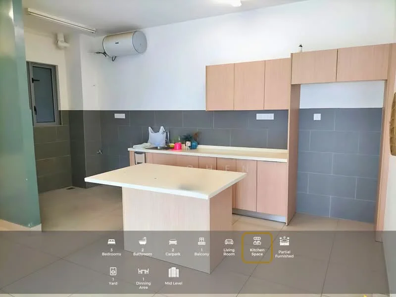 Kitchen features: light wood cabinetry, white countertop, kitchen island, stainless-steel sink, chrome faucet, grey tiled backsplash, grey wall tiles, floor tiles, built-in wall cabinet, ventilation unit, open layout; style: modern.